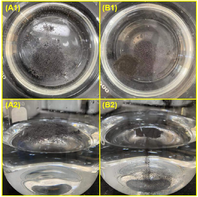 圖 1-3 (A1-2) 原始石墨烯放入水中的照片； (B1-2) 氧等離子處理石墨烯放入水中的照片